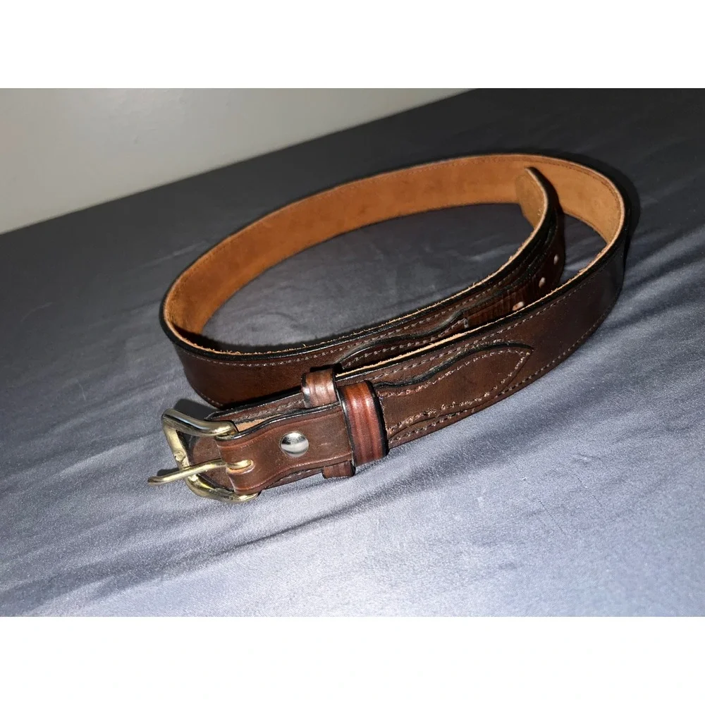 Mens Brown Leather Belt Size 42 Stitched Brass Buckle Classic Western Style 47in